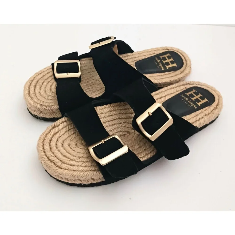 NEW Haute Hippie Blk Suede Straps Gold Buckle Flat Espadrille Slides 8.5M